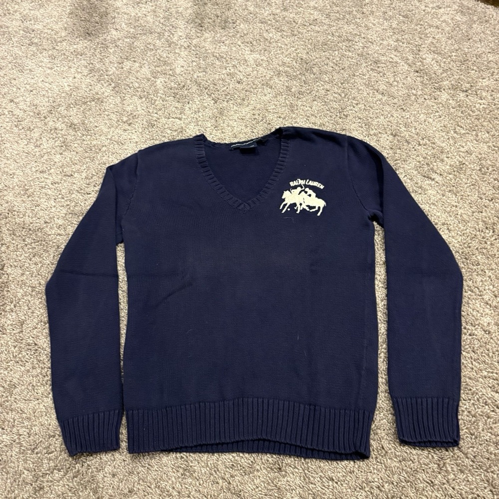 Vintage Ralph Lauren Sweater Big Polo Ponies Logo Blue Cotton Knit Polo Team L